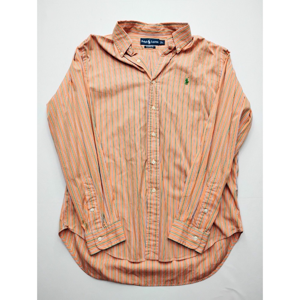 Polo Ralph Lauren Custom Fit Shirt L Orange Striped Button Up Long Sleeve